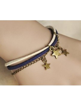 Star Pendant Black Leather Bracelet
