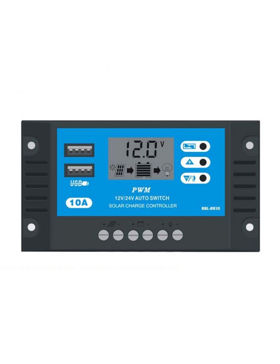 Dual USB PWM Cell Panel Regulator with Load Automatic Identification 12V/24V Adjustable Charge and Discharge Parameters 10A LCD Display Solar Charge Controller